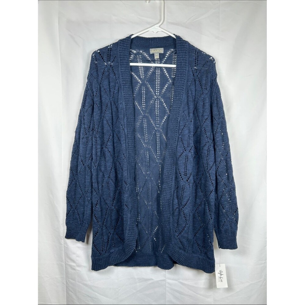 Style & Co Coastal Classic Open Front Cardigan Petite Small Blue Open Knit